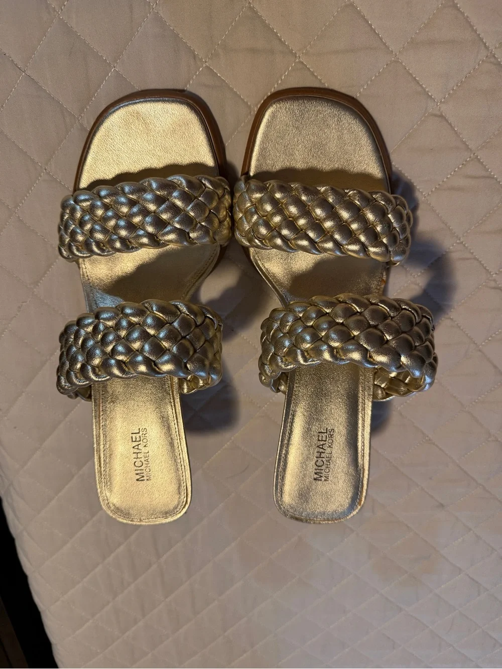 Michael Kors Metallic Gold Braided Double-Strap Slide Sandals